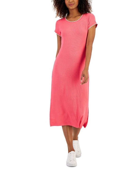 Tommy Hilfiger Dresses & Skirts - Tommy Hilfiger Women’s Round Neck Short Sleeve Ribbed Hot Pink Midi Dress EUC